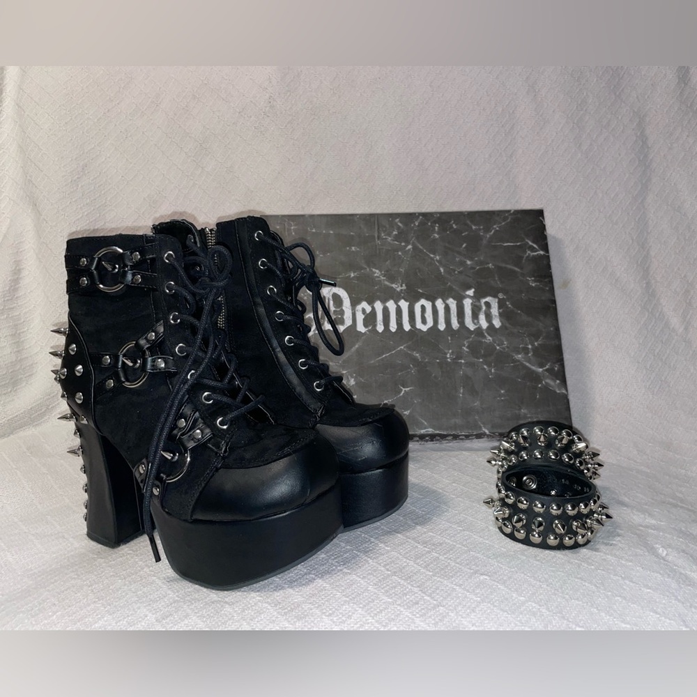 Demonia Charade-100 Spiked Ankle Boots with Bracelets - Picture 1 of 10